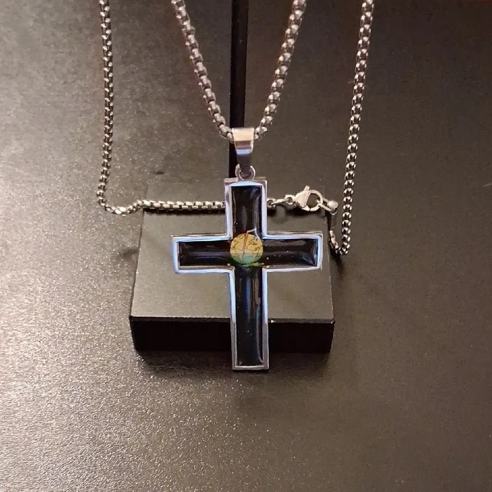New Black‎ And Silver Cross On A Stainless Steel Curb Chain